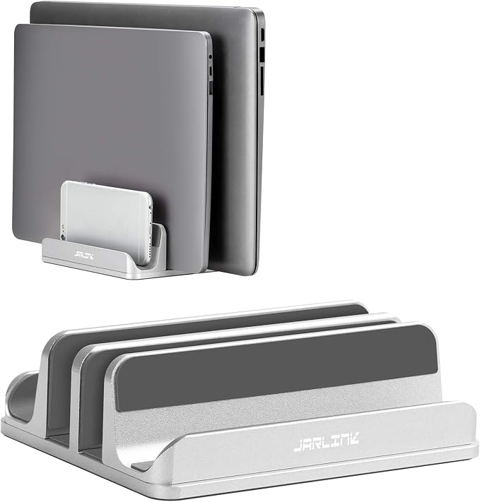 JARLINK 4-in-1 Adjustable Vertical Laptop Stand, Aluminum Holder, Silver | Space-Saving Aluminum Laptop Holder, Compatible with All MacBook, Surface, Chromebook, Phone, and Gaming Laptops.