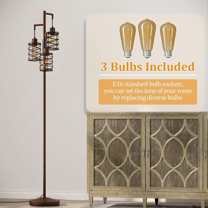 70" Industrial Floor Lamp, Stepless Dimmable Standing Lamp with 3 Bulbs, Farmhouse Corner Standing Tree Lamp for Living Room, Tall Lamps for Bedroom, Office, Study Room, Dining Room