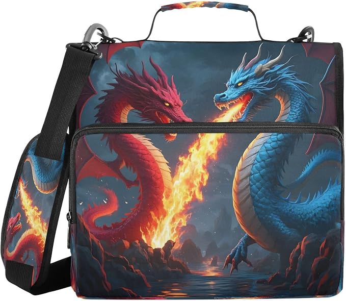 ALAZA Zipper Binder 3 Ring Red and Blue Fire Dragon Binder Organizer with Zipper and Shoulder Strap Large Capacity Multi-Pocket Trapper Keeper File Folder for Office Supplies