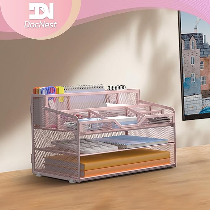 Docnest 3 Tier Mesh Desk Organizer with Letter Tray & Paper Sorter, Pink | Features 3 built-in pen holders & 5 adjustable compartments on top. Includes 4 non-slip rubber feet for desk protection