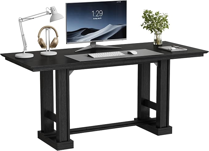 DWVO 70" Computer Desk, Farmhouse Executive Office Workstation, Black | Large desktop surface, sturdy wooden legs, modern farmhouse design, for home office writing work, easy assembly
