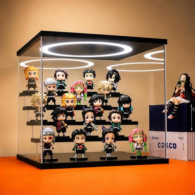 Acrylic Display Case with Adjustable LED Light, 5 Tier Clear Display Box Dustproof Showcase for Action Figures, Collectibles and Mini Toys, Assembly Display Cabinet(Black 12.5×12.2×11.8in)