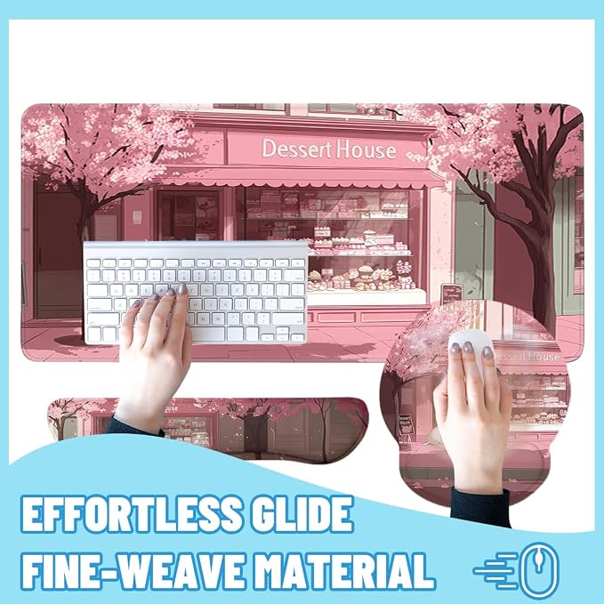 Cherry Blossom Mouse Pad Set Cute Cat Japanese Dessert Shop Street Gaming Mousepad 4in1 Desk Mat for Desktop Anti-Slip XXL Big Computer Ergonomic Mousepad with Wrist Support for Keyboard and Mouse