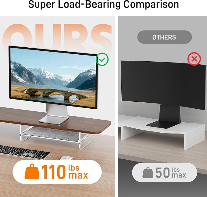 Dual Monitor Stand 43 Inch Extra Large Monitor Riser for Desk, Acrylic Clear Legs Desk Organizer Shelf with Felt Lining Storage Drawer, Compatible with Computer Laptop PC Printer Flat Screen TV