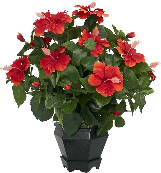 Nearly Natural Artificial Hibiscus with Hexagon Vase Flower Arrangement | Vibrant Multicolor Accents, Maintenance-Free, Black Hexagon Vase Included, Perfect for Home or Office Tabletop Decor
