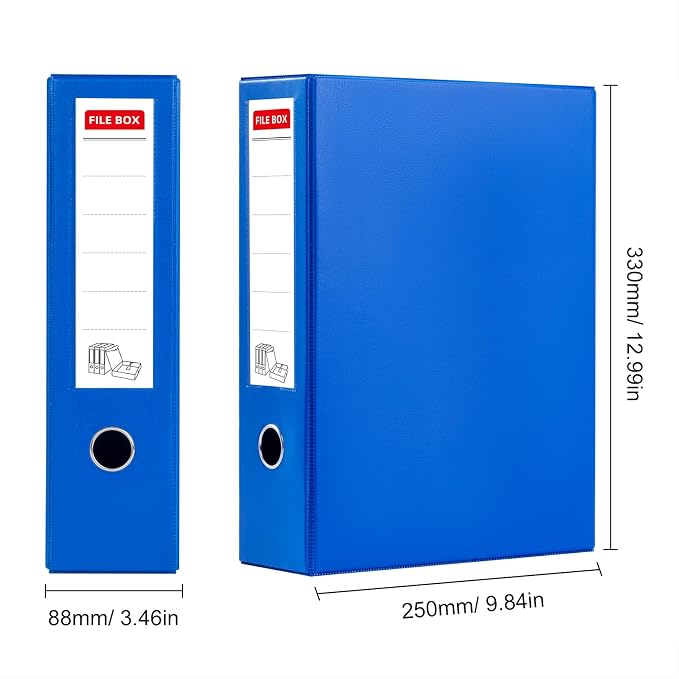 Storage File Boxes 4 Pack, Foldable File Box with Clip, 88mm Spine, Blue | Archives Cases with Magnetic Closure, Plastic Document File Organizer Storage