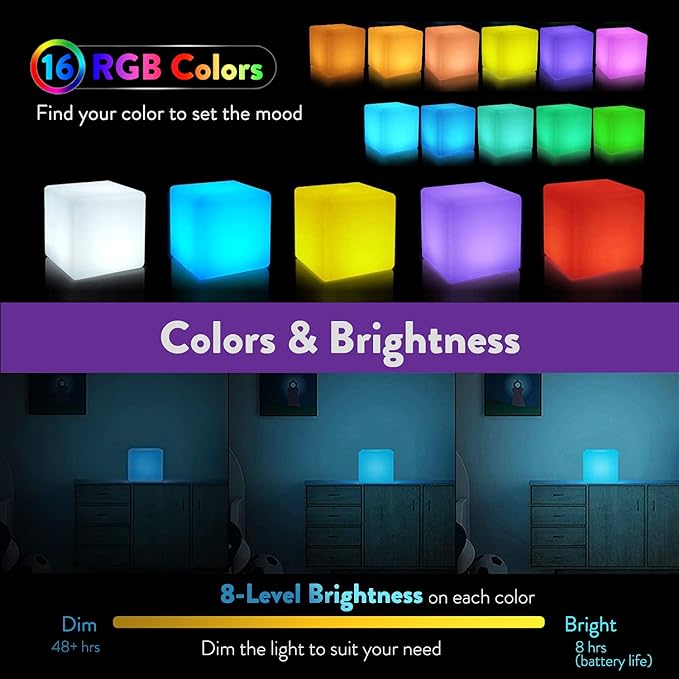 Mr.Go 4-inch LED Cube Light, Dimmable Kids Night Light Mood Lamp w/Remote | 16 RGB Colors,4 Lighting Effects,8-Level Dimming,Rechargeable 1000mAh Battery,Waterproof for Desk Bedroom Nursery Party Decor