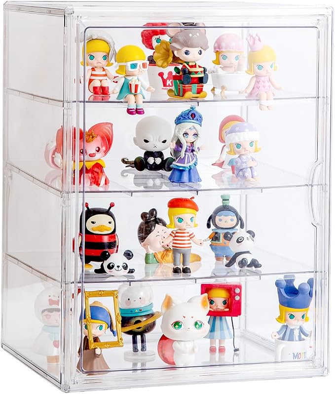 BOHOIDEE 4 Tiers Clear Acrylic Display Case for Closet, Purse Storage Organizers Box, Plastic Storage Bins with 3 Adjustable Divider and Magnetic Door