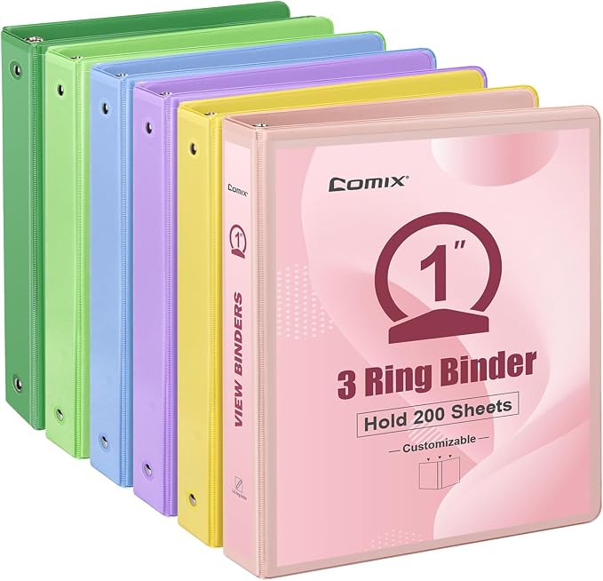 COMIX Sturdy Standard 1 Inch 3 Ring Binder with Clear View Cover | 1"Round Ring,PVC-Free Board,Holds 200 Letter Sheets,Soft Morandi Multicolor for Students & Office,6 Pack (Multicolored)