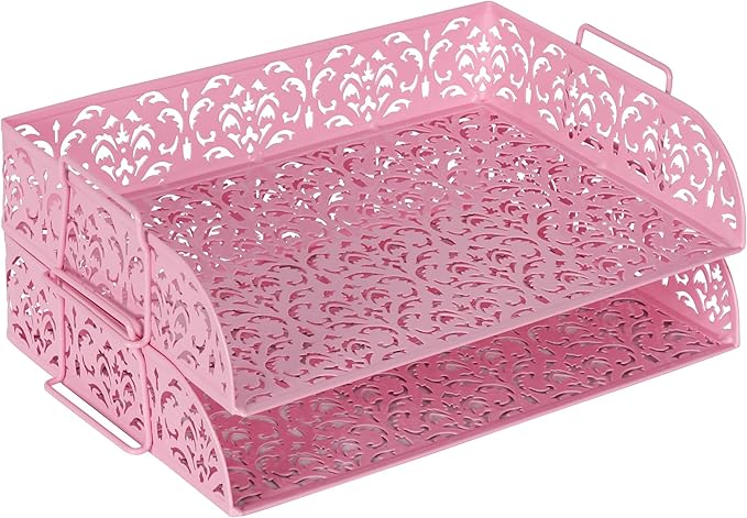 EasyPAG Paper Organizer for Desk 2 Tier Stackable Paper Tray for A4 Legal Size Folders Metal File Storage Desktop Organizer for Home Office School Teacher, Pink