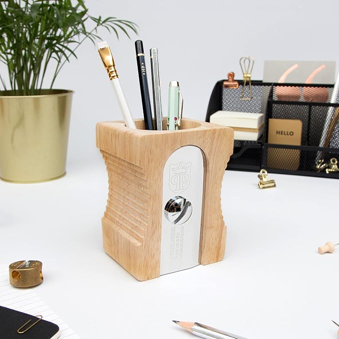 Suck UK Pen Holder - Wooden Pencil Sharpener - Stationary Organiser - Desk Tidy - Quirky Office Desk Accessories - Funny Pencil Pot Novelty Pen Holder - Vintage Teacher Gifts For Men - Light