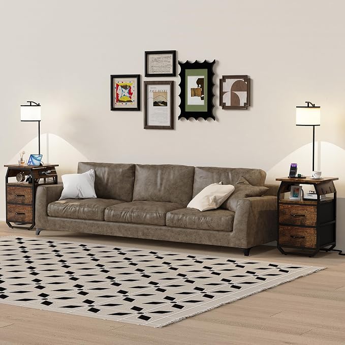 runjuly Floor Lamp with Table, End Tables with Lamps Attached 3-Color Temperature Bulb, Side Table with Lamp with 2 Drawers & Charging, Lamps Tables Combo for Bedroom, Dorm, Apartment - Rustic Brown