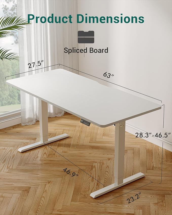 CubiCubi 63x28 Large Electric Standing Desk, 28" Deep Desktop, White | Wide Surface, Sit to Stand, Computer Workstations, Home Office Desk, Next-Gen Frame, Advanced Motor, 176 lbs Capacity