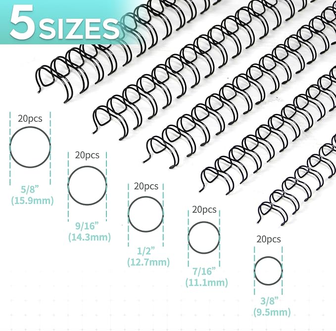 Rayson Wire Binding Spines, 2:1 Pitch, 21-Loop Black, Mixed Sizes, 100 Pack | Includes 3/8", 7/16", 1/2", 9/16" and 5/8" sizes; black 2:1 pitch wires for compatible wire binders.