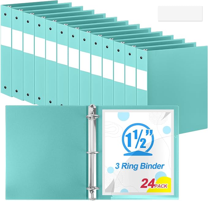 Henoyso 24 Pcs 1.5 Inch 3 Ring Binders, Letter Size,Teal | Binders Bulk, Holds 350 Sheets, Round Rings, Durable Flexible PP Plastic Covers, Pockets Labels, School Office Supplies