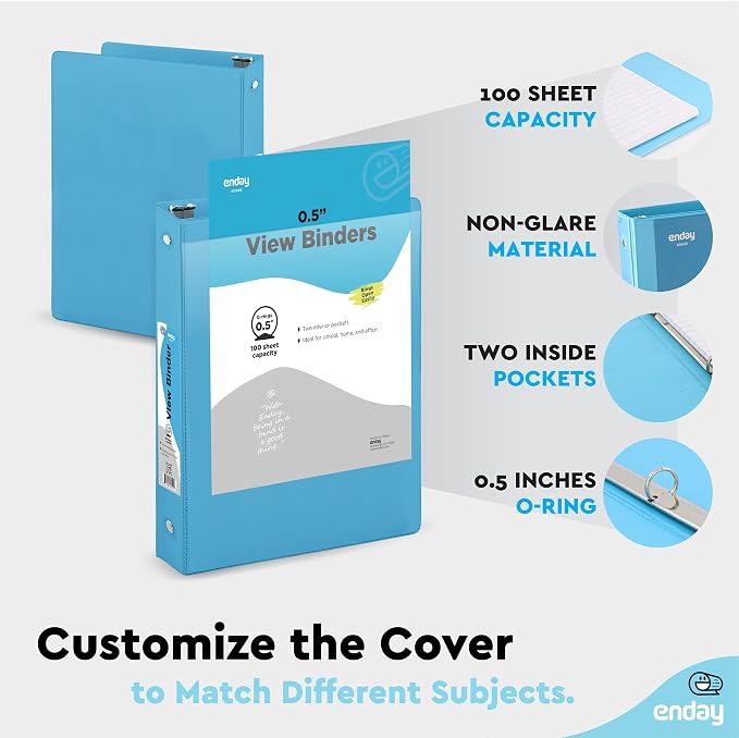 Enday 1/2 inch Binder 3 Ring Binder (24 Pack - Blue) O-Ring Binder with Clear View Cover and 2 Inside Pocket - for Letter Size 8.5 x 11'' Paper, Ideal for School Supplies, Office, and Home