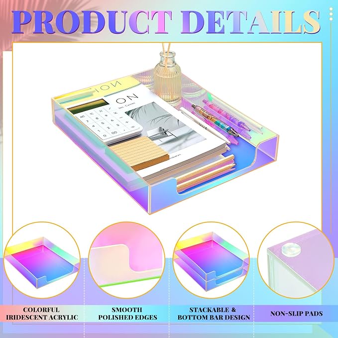 Iridescent Acrylic Letter Tray 2 Pcs 12.6 x 10.2 x 2.1'' Paper Tray Organizer Stackable Desk Supplies with Non Slip Rubber for Office Accessories Desk File Document Folder