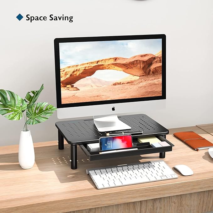 BONTEC 2 Pack Adjustable Monitor Stand Riser with Drawer, Supports 44lbs | Ergonomic Mesh Platform for Desk, Ventilated Laptop and PC Use with Cable Management for a Cooler, Organized Workspace