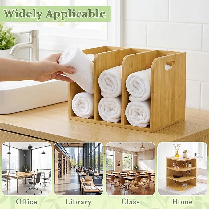 Novabright Bamboo Wooden File Magazine with Handle Holder Desk Organizer, 3 Vertical Compartments Workspace Sorters for Cookbook, Binders, Notebooks, Envelopes, Cook Book Organizer