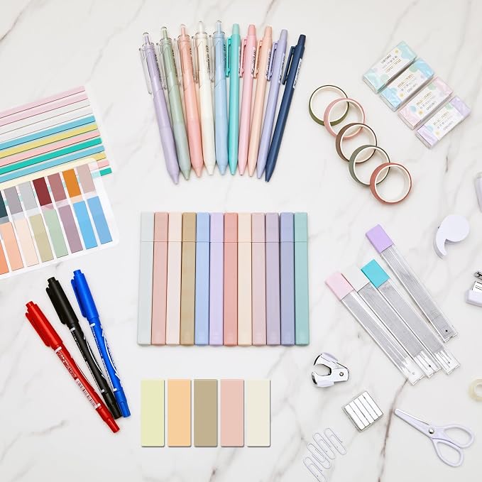 Sinload 60 Pcs Aesthetic Book Annotation Kit School Supplies Cute Pencil Case Mini Stapler Set 12 Highlighter 5 Gel Pen 6 Pencil 5 Magnetic Bookmark 1220 Sticky Note Student Stationary(Black)