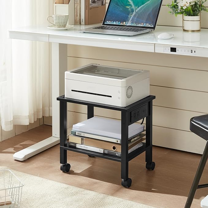 YUFAM 2 Tier Under Desk Printer Stand with Charging Station, Black | Wooden Small Printer Table for Home Office, Rolling Printer Cart Shelf with Lockable Wheels