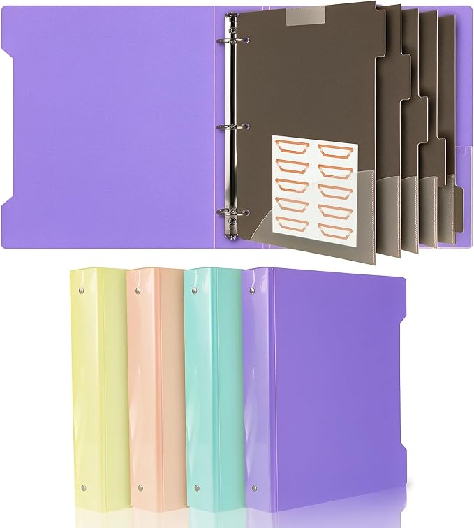 4 Pack 2 Inch 3 Ring Binder & 5 Tab Dividers with 2 Pockets | Fits 8.5x11" Letter Size, Holds 400 Sheets, Large Capacity Binder Organizer with Pockets, Refillable 3 Round Ring Binder