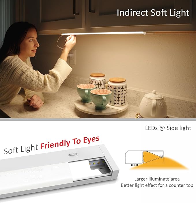 Leetdud LED Under Cabinet Lighting Hardwired or Plug in, 24 Inch 12W, Dimmable 5 Color 2700K/3000K/3500K/4000K/5000K, Linkable Eyes Care Design Counter Lights for Kitchen, Sink, ETL Listed, White