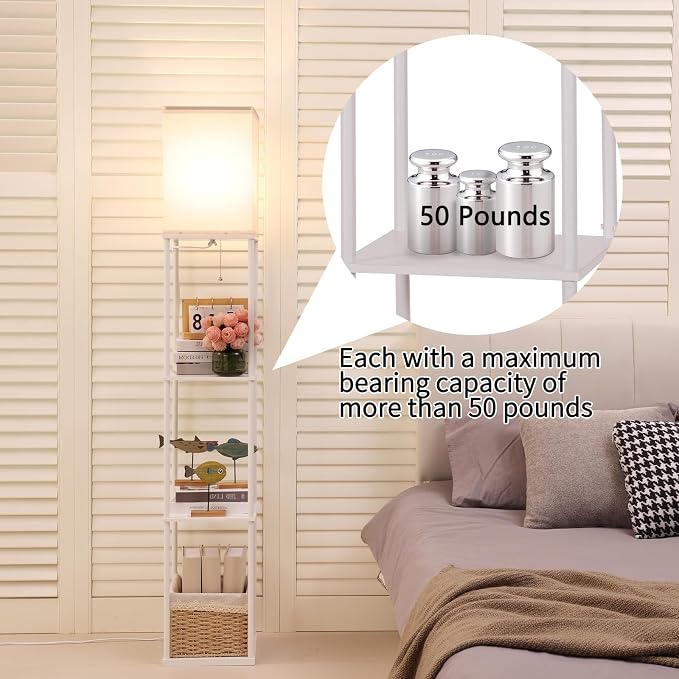 Gupuzm Floor Lamp with Shelves, Modern Square Standing Lamp with 3 Color Temperature Bulb, Corner Display Bookshelf Lamp for Living Room, Bedroom and Office（White）