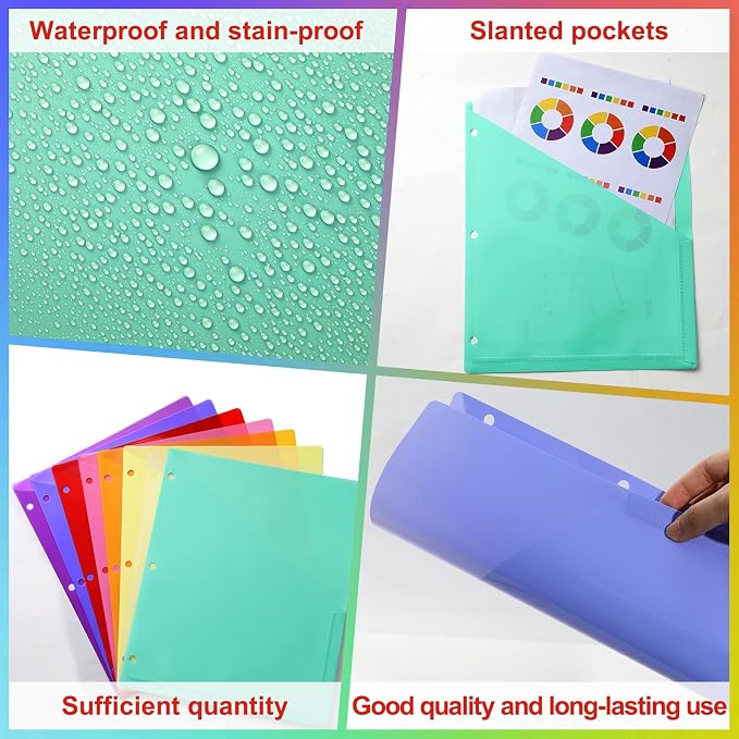48 Pack 3-Ring Binder Pockets Translucent Polyester 3 Hole Binder Plastic Sleeves 9.25 x 11.22 Inches Slash Folder Binders Organizer Suitable for Office Classroom Business Home Organizer (Rainbow)
