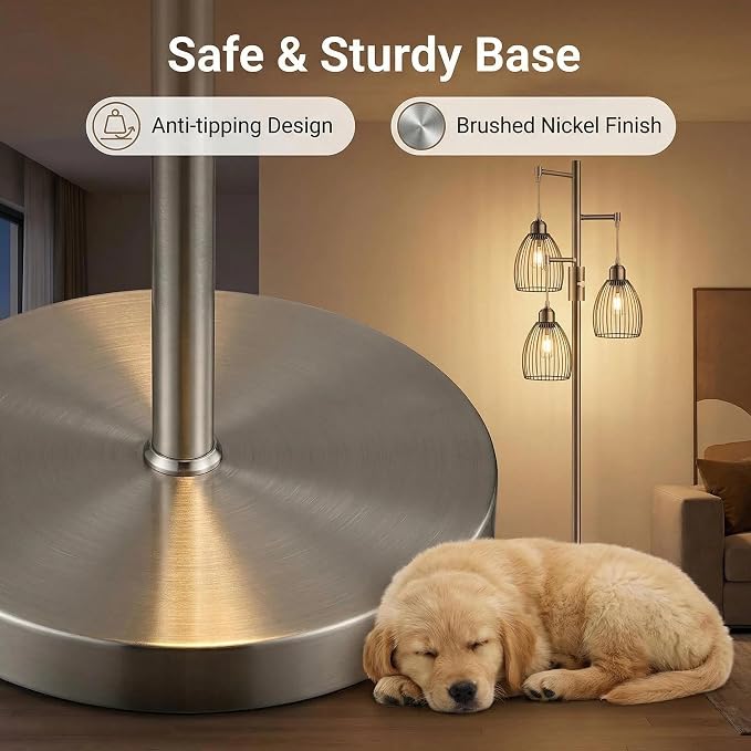 Dimmable Floor Lamp, Industrial Floor Lamps for Living Room, Brushed Nickel Tree Lamp Standing Lamp Tall Lamps with 3 Elegant Teardrop Cage Head & 800 Lumens LED Bulbs for Living Room Bedroom Office