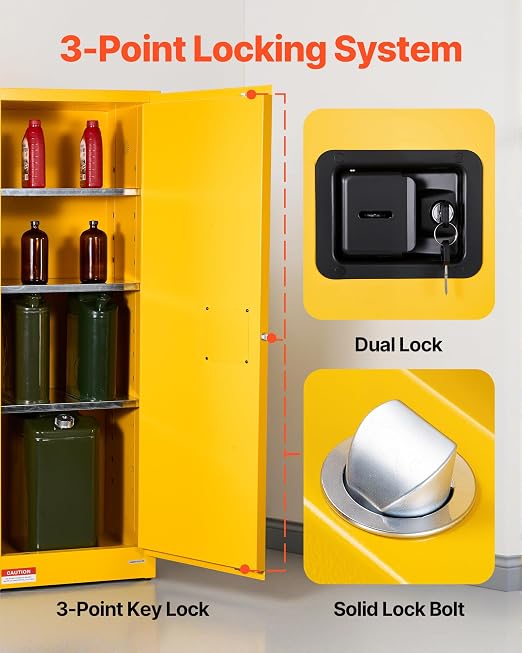 VEVOR Flammable Cabinet 18" x 23" x 65", 23 Gallon Flammable Storage Cabinet with Adjustable Shelf, Cold-Rolled and Galvanized Steel Fire Cabinets, for Commercial Industrial Home Use, Yellow
