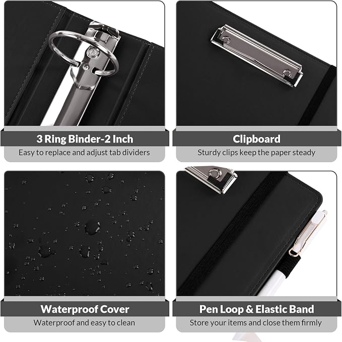 SKYDUE 3 Ring Binder with Clipboard, 2 Inch PU Heavy Duty Binder with Notepad & 5 Dividers with 5 Pockets, Labels, Clipboard Folder Great for School Office(Fit Letter Sized Paper)