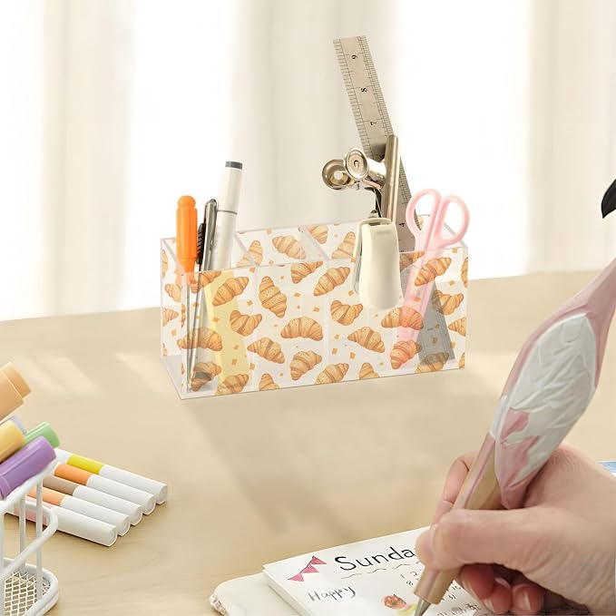 Croissant Bread Acrylic Pencil Pen Holder Desk Accessories Holder, Cosmetic Brush Organizer Modern Design Desktop Stationery Organizer for Office School and Home 7.87 x 2.48 x 3.54 In