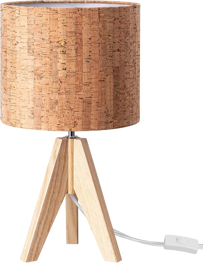 EDISHINE Small Table Lamp, Wood Tripod Nightstand Lamp, Bark Linen Shade | 14.2 Inch, Farmhouse Bedside Lamp for Nursery, Bedroom, Kids Room, Office, Reading Desk, E26 Socket, ON/Off Switch