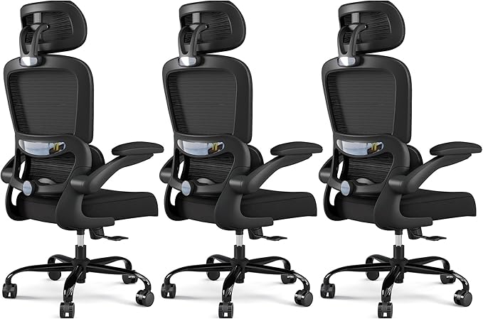 TRALT Office Chair Ergonomic Desk Chair - Gaming Chair with Lumbar Support | 330 LBS Home Office Desk Chairs with Headrest, Reading Chair with Flip-up Armrests, Comfortable Computer Chairs (3, Black)