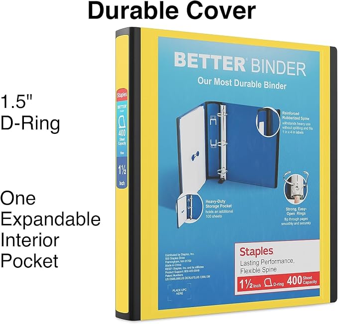 Staples Better Binder, 1.5-Inch D-Ring View, Yellow, 350 Sheets | Reinforced spine for durable everyday use in office and school settings.