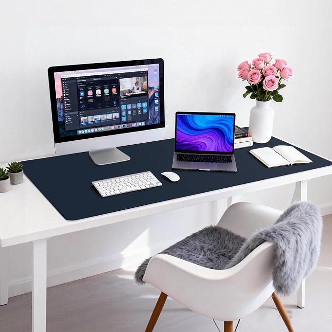 Leather Desk Pad Protector, Office Desk Mat, Large Mouse Pad, Non-Slip PU Leather Desk Blotter, Waterproof Computer Desk Writing Pad for Office and Home (Dark Blue, 47.2" x 23.6")