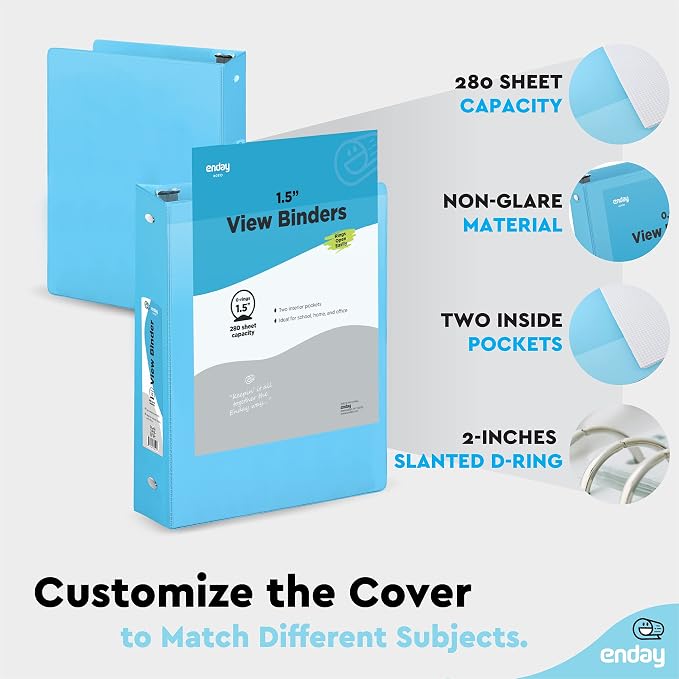 Enday 1.5 Inch Binder (6 Pack - Blue) 3 Ring Binder 1.5 inch with Clear View Cover and 2 Inside Pocket - for Letter Size 8.5 x 11'' Paper, Ideal for School Supplies, Office, and Home