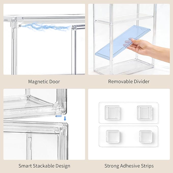 3-Tier Clear Acrylic Display Case for Figures, Wall-Mounted | Magnetic Door, 2 Removable Plates, Stackable Design, High Transparency Box, Display Cases for Collectibles