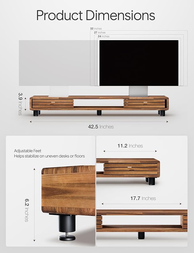 Tinamo 42.5" Dual Monitor Stand Riser with Sliding Doors – Solid Acacia Wood Desk Shelf for 2 Monitors, Desktop Organizer with Storage, Ergonomic 5" Height for Computer, Laptop, Printer, TV