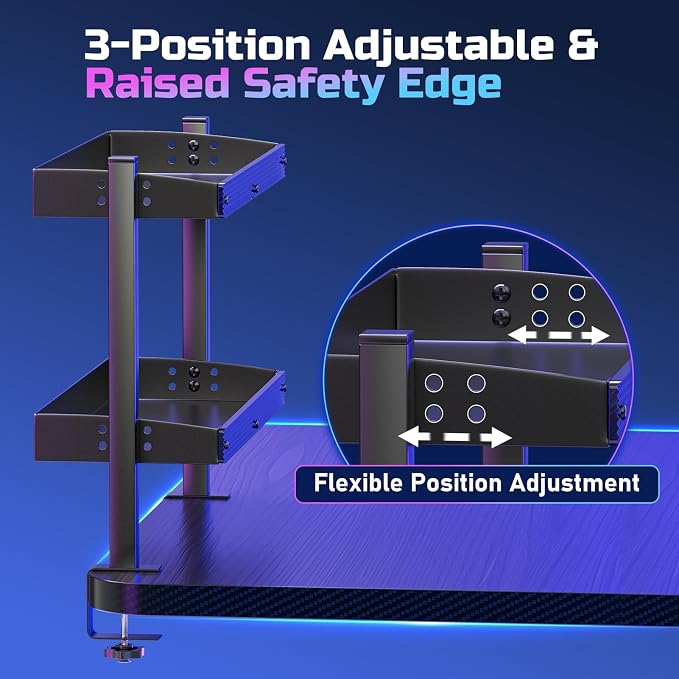 17 inch Adjustable 2-Tier Clamp On Desk Shelf with Hooks | Heavy Duty, Holds 44 lbs, No Drill, for Home Office, Gaming & Desk Organizer