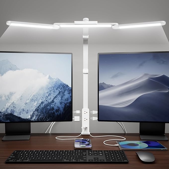 SUPERDANNY LED Desk Lamp Computer Light with Power Strip with Clamp White | 6 Outlets & 1 USB-A, 1 PD 20W Type-C, 13A/1625W, 5 Modes Smooth Dimming, Memory Function, Architect Lampfor Home Office Dorm
