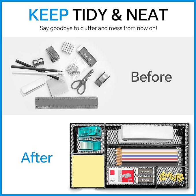 Desk Drawer Organizer, Office Drawer Divider Organizer Tray with 6 Compartments, Metal Mesh Desktop Organization and Accessories for Stationery Makeup Kitchen Toolroom School ＆ Office