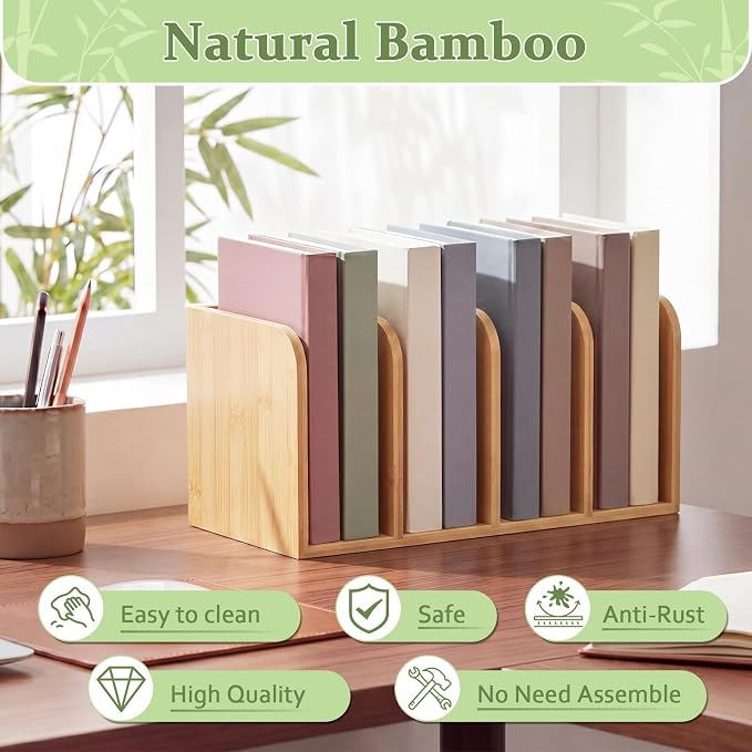 Novabright 4-slot Bamboo Wooden Magazine File Holder Desk Organizer, 4 Vertical Compartments Workspace Sorters for Magazines, Binders, Notebooks, Envelopes