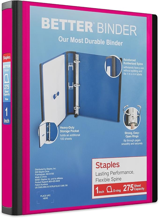 Staples Better View 1-Inch D-Ring Binder, Pink, Clear Overlay | Durable 3-ring binder for school and office document organization.