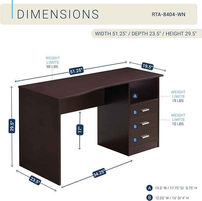 Techni Mobili 51 Inch Classic Computer Desk w/ Drawers & Storage, Wenge | 51 Inch classic desk with 3 drawers, spacious storage, sturdy frame, and functional home office workstation for modern setups