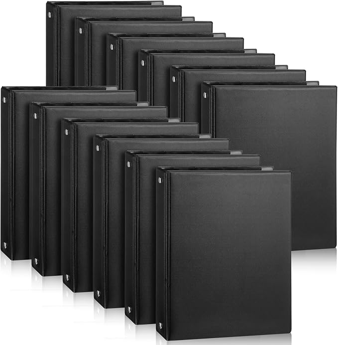Resurhang 12 Pcs 1 Inch 3 Ring Binders 9.25 x 7.24 Inch Mini Small Black 3 Round Ring Binder with 2 Clear Pockets Fits 5 1/2 x 8 1/2 Binder Paper Pages Planner