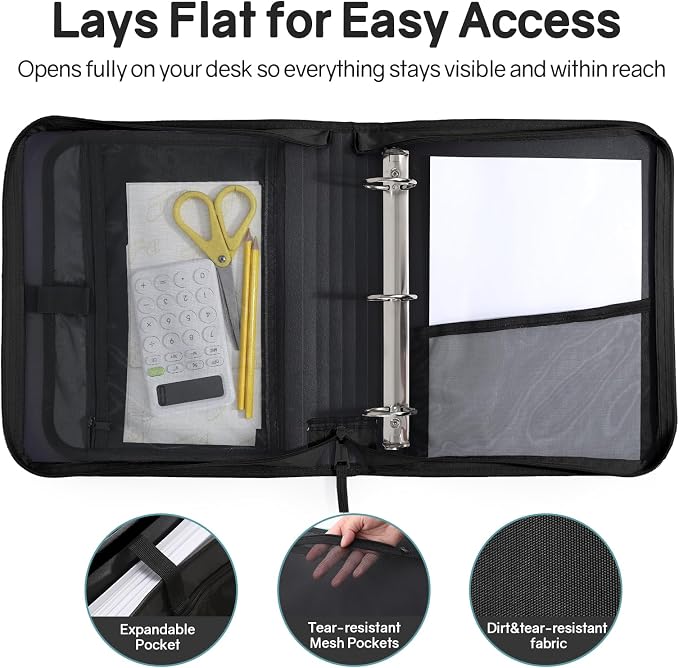 SUNEE Zippered Binder Bag with Handle, 2-Inch 3-Ring O-Ring, 500-Sheet Capacity, Includes Zip Pocket, 5-Tab Expanding File Folder, Multi-Pocket Organizer Binder for Middle School, Black
