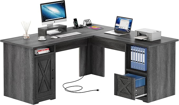 YITAHOME L Shaped Desk with Power Outlets | Computer Corner Desk, File Drawer, Monitor Stand & Storage Shelves, File Cabinet