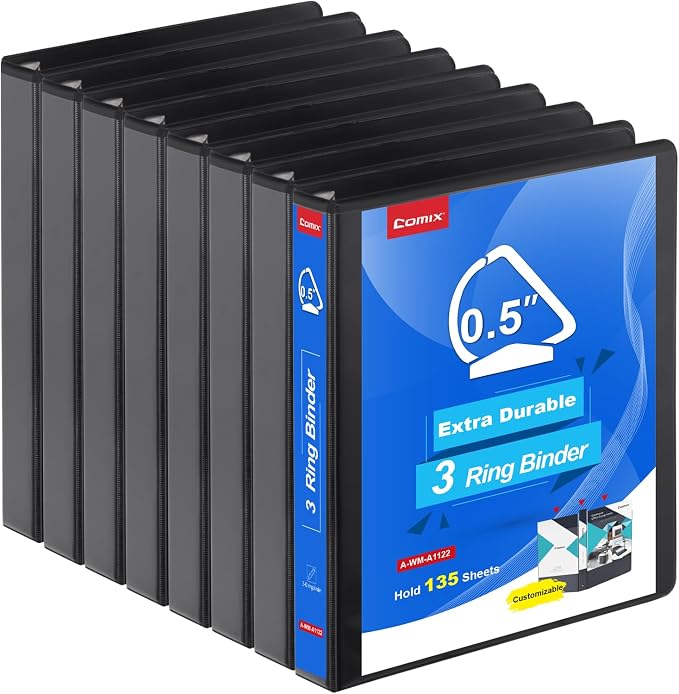 COMIX Heavy Duty 0.5 inch Slant-D Ring View Binder, 1/2 inch 3 Ring Binders, Hold 125 Sheets of 8.5" x 11" Paper, 8 Pack (Black)